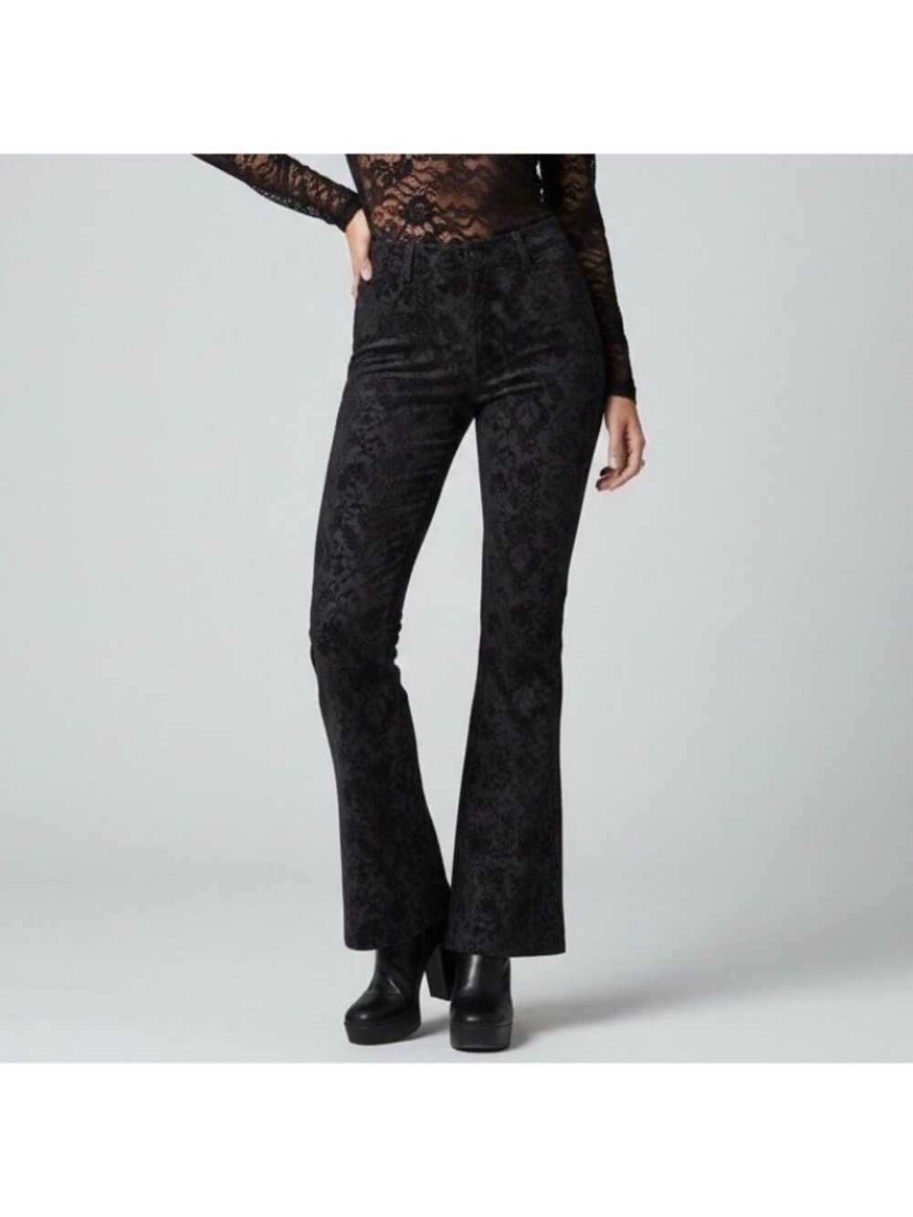 Y2K Black Floral Velvet Mid Rise Flare Jeans | Mob Wife Dark Academia Whimsigoth - Picture 8 of 10